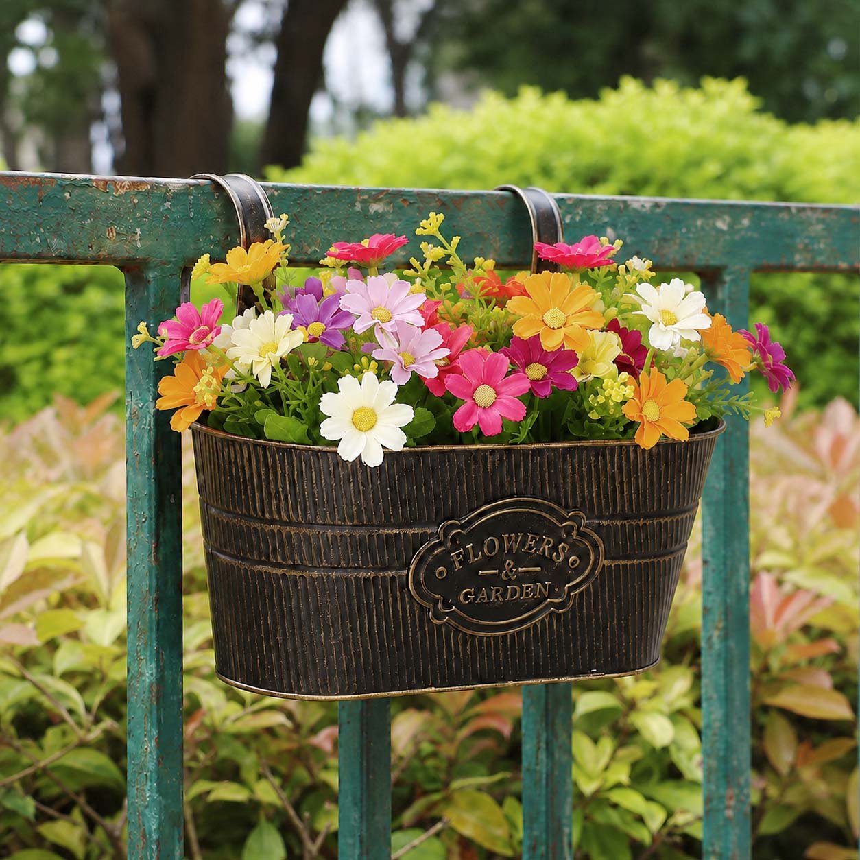 Verdsoeo 3 Pack Metal Railing Planters for Outdoor Plants, 10.8 Inch Balcony Hanging Flower Pots with Detachable Hooks and Drain Holes, Rustic Oval Planters for Fence, Garden, Window, Patio, Black - Image 8