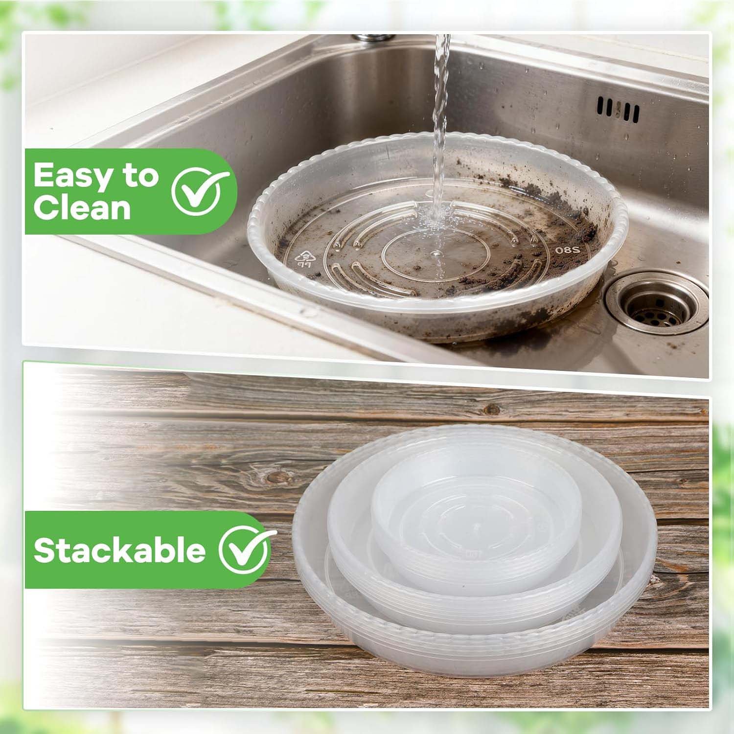Verdsoeo 15 Pack Clear Plant Saucers, Heavy-Duty Plastic Plant Drip Trays, Durable Flower Pot Saucers for Indoor and Outdoor Plants, 6/8/10 Inch - Image 2
