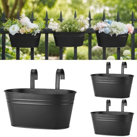 Verdsoeo 3 Pack Metal Railing Planters for Outdoor Plants, 10.8 Inch Balcony Hanging Flower Pots with Detachable Hooks and Drain Holes, Oval Planters for Fence, Garden, Window, Patio, Black