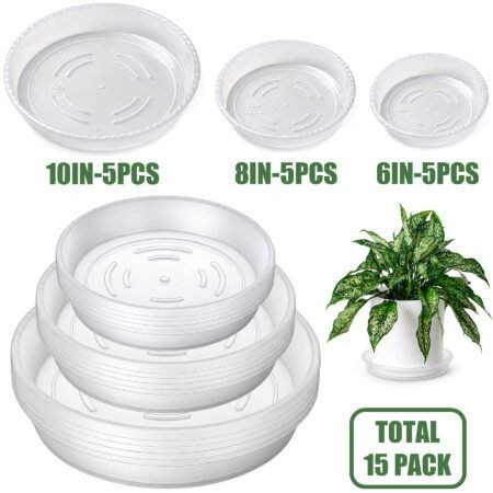 Verdsoeo 15 Pack Clear Plant Saucers, Heavy-Duty Plastic Plant Drip Trays, Durable Flower Pot Saucers for Indoor and Outdoor Plants, 6/8/10 Inch