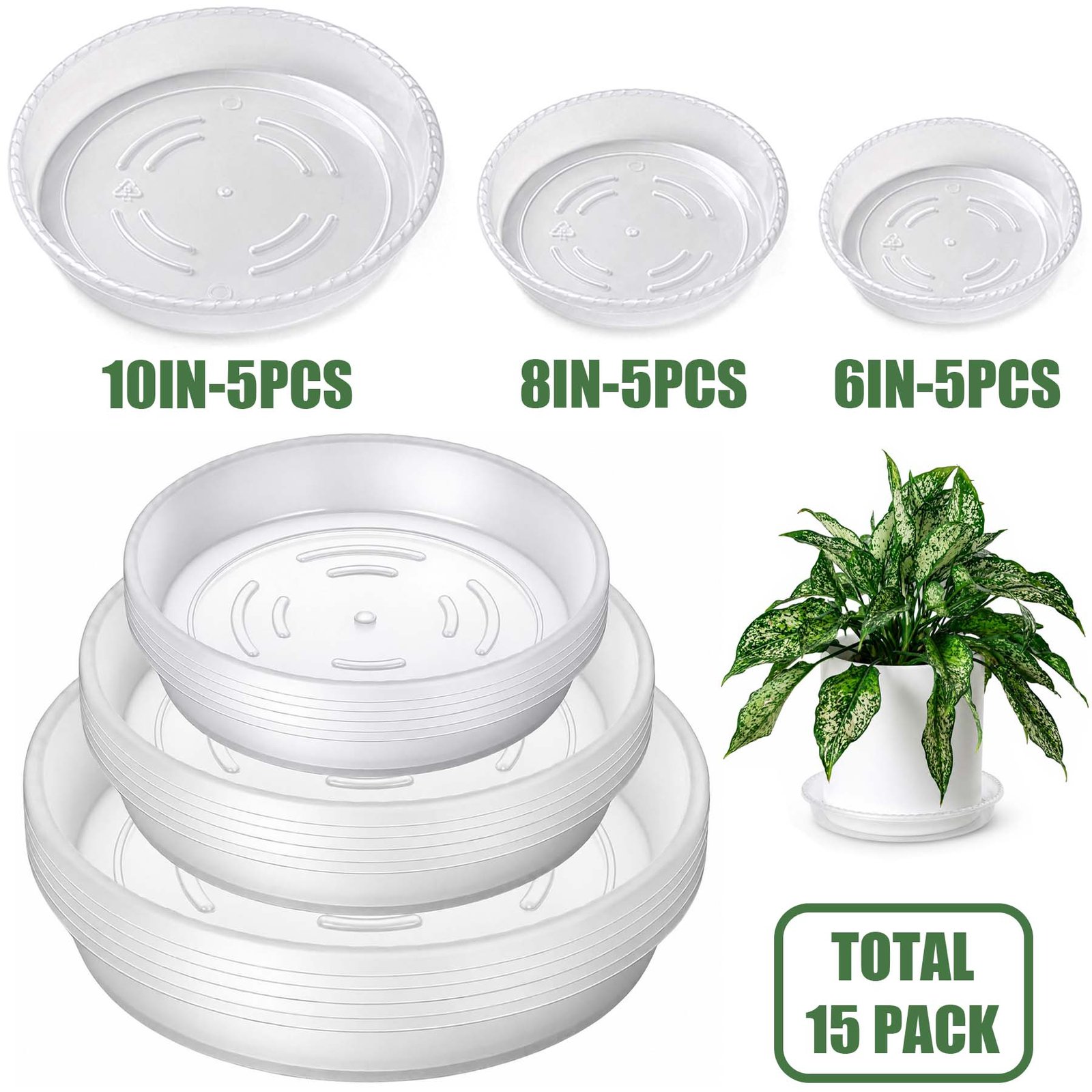 Verdsoeo 15 Pack Clear Plant Saucers, Heavy-Duty Plastic Plant Drip Trays, Durable Flower Pot Saucers for Indoor and Outdoor Plants, 6/8/10 Inch