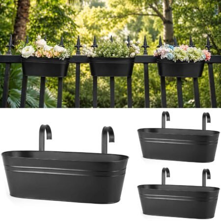 Verdsoeo 3 Pack Metal Railing Planters for Outdoor Plants, 15.8 Inch Balcony Hanging Flower Pots with Detachable Hooks and Drain Holes, Oval Planters for Fence, Garden, Window, Patio, Black