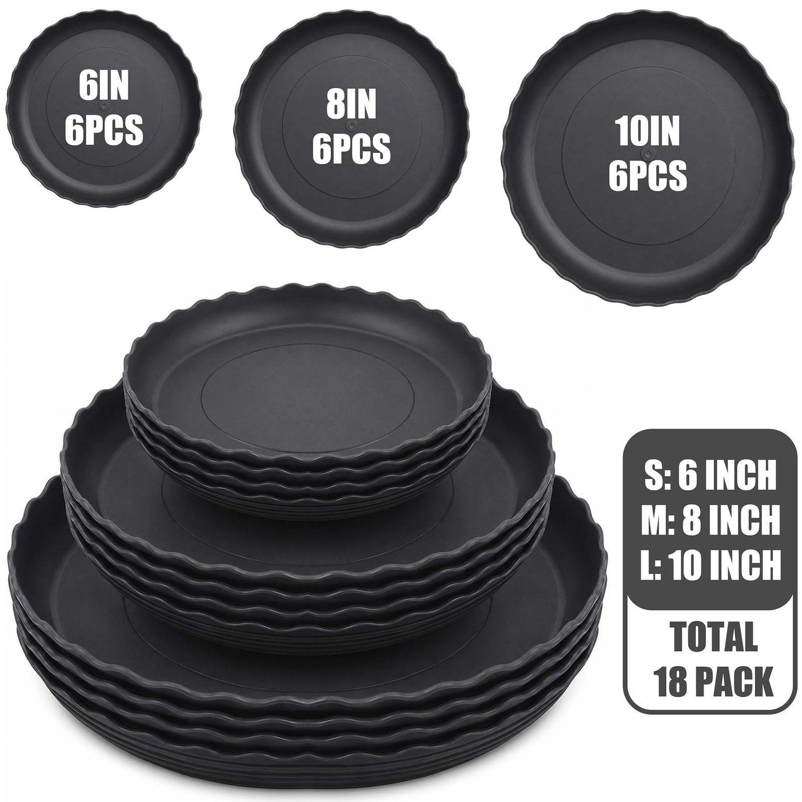Verdsoeo 18 Pack Plant Saucers, 6 8 10 Inch Heavy Duty Flower Pot Trays, Plastic Plant Trays for Indoor Outdoor, Round Drip Trays for Plants Garden