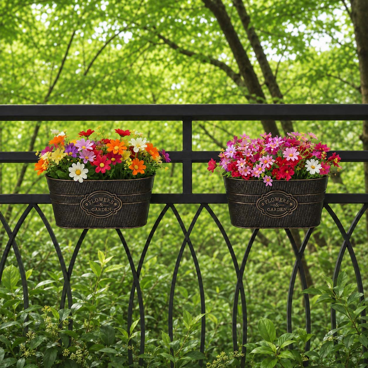 Verdsoeo 3 Pack Metal Railing Planters for Outdoor Plants, 10.8 Inch Balcony Hanging Flower Pots with Detachable Hooks and Drain Holes, Rustic Oval Planters for Fence, Garden, Window, Patio, Black - Image 7