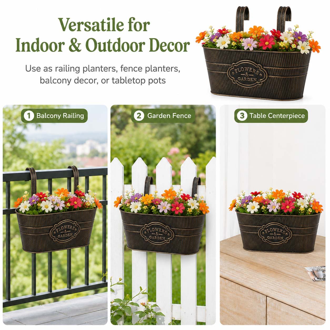 Verdsoeo 3 Pack Metal Railing Planters for Outdoor Plants, 10.8 Inch Balcony Hanging Flower Pots with Detachable Hooks and Drain Holes, Rustic Oval Planters for Fence, Garden, Window, Patio, Black - Image 6