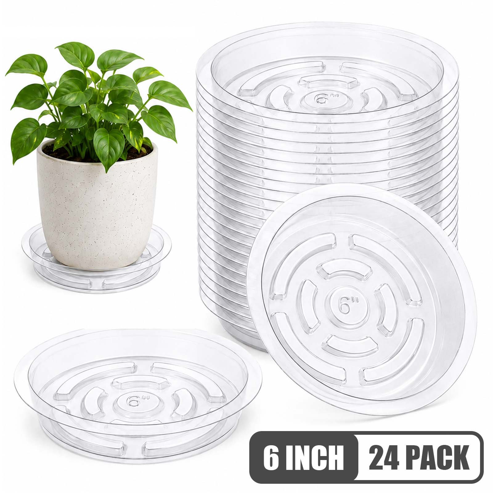 Verdsoeo 24 Pack 6 Inch Clear Plant Saucers, Durable Plastic Flower Pot Trays and Plant Drip Trays for Indoor and Outdoor Plants