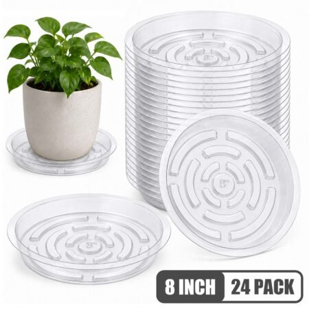 Verdsoeo 24 Pack 8 Inch Clear Plant Saucers, Durable Plastic Flower Pot Trays and Plant Drip Trays for Indoor and Outdoor Plants