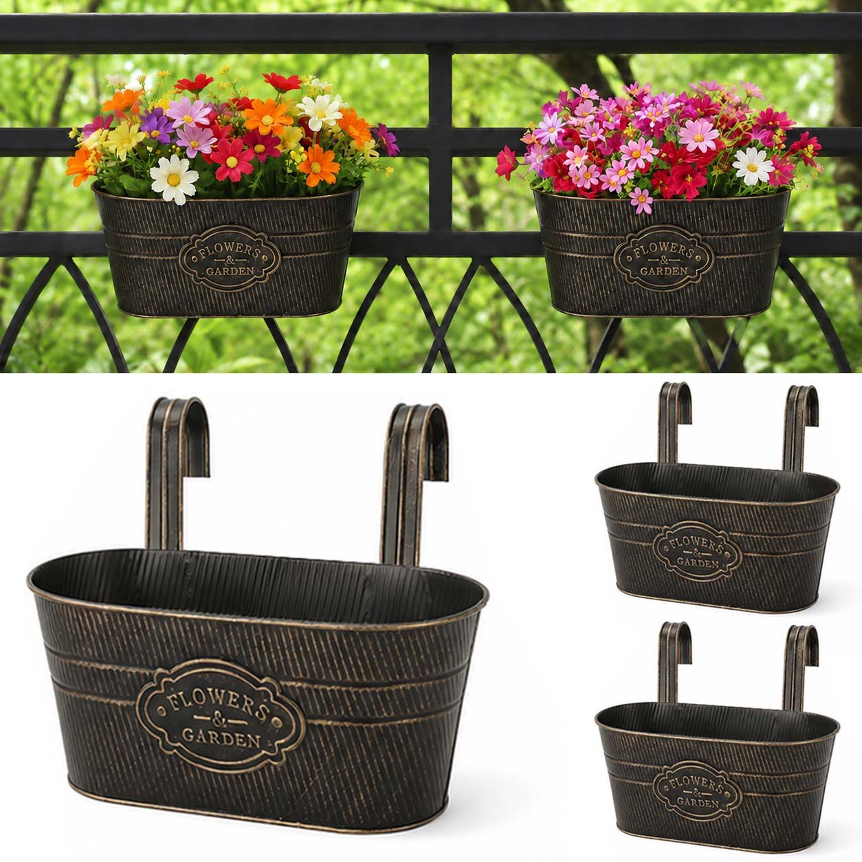 Verdsoeo 3 Pack Metal Railing Planters for Outdoor Plants, 10.8 Inch Balcony Hanging Flower Pots with Detachable Hooks and Drain Holes, Rustic Oval Planters for Fence, Garden, Window, Patio, Black